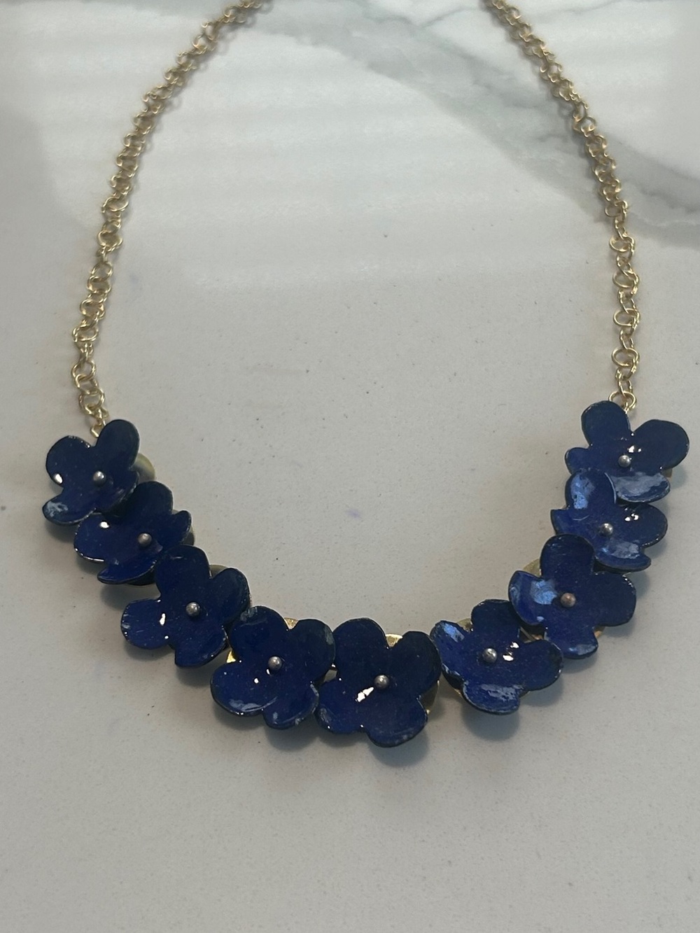 Jenny Walker Handcrafted Navy Floral Petal Necklace with Gold Chain New